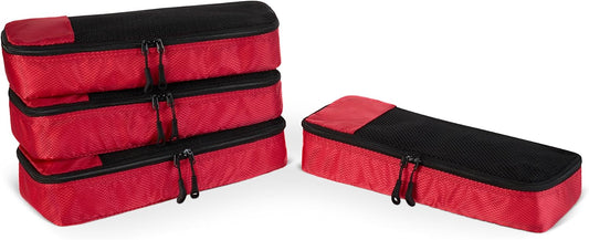 Amazon Essentials 4-Piece Packing Cubes Travel Accessories Set, Luggage Organizer with Double Zipper, Mesh Top, 100% Polyester, Slim, Red (Previously Amazon Basics)