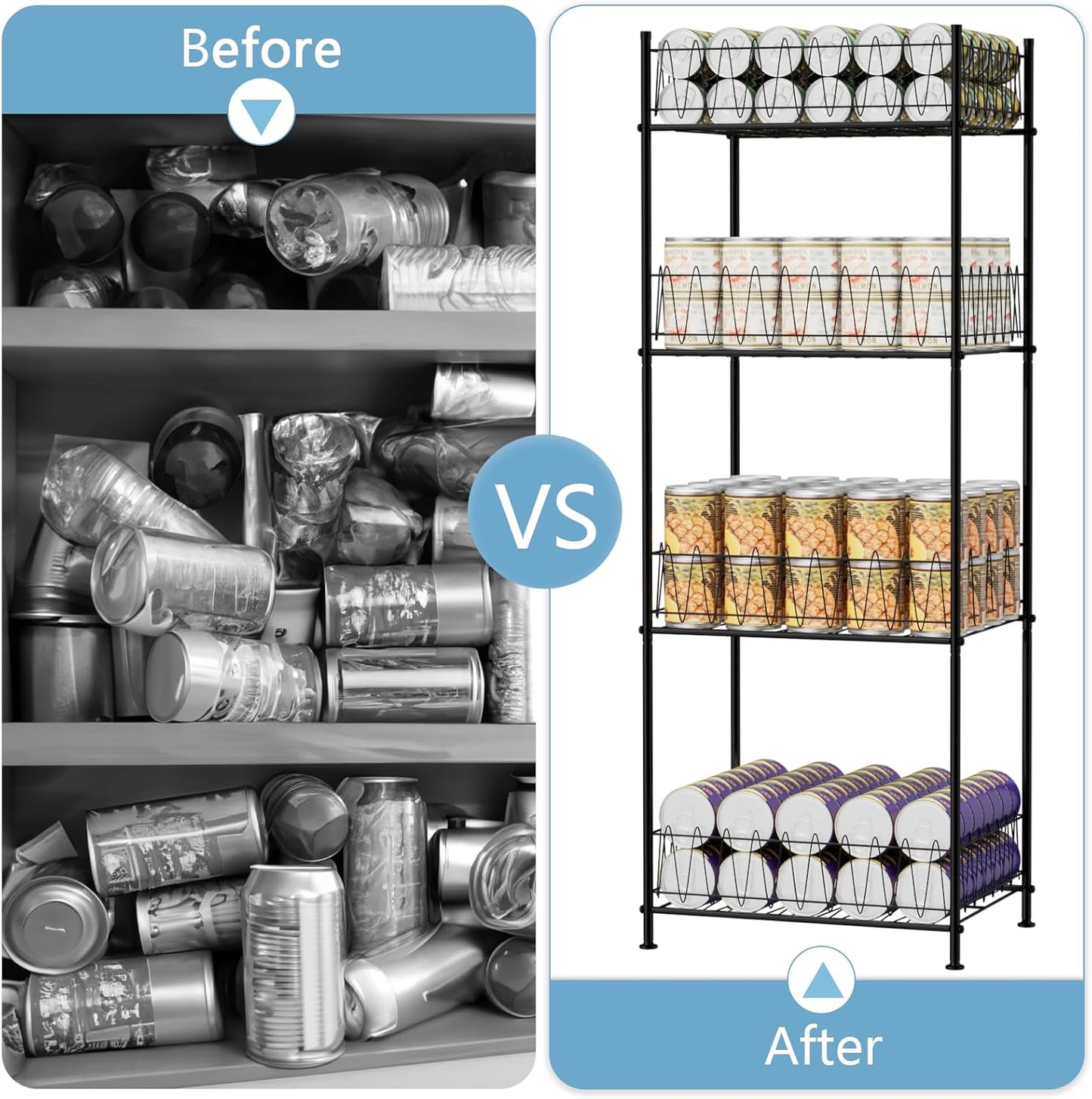 smusei Water Bottle Organizer Rack 4 Tier Free Standing Bottled Water Storage Organizer for Floor, Metal Beverage Soda Can Dispenser Shelf Holder Stand for Kitchen Pantry Office, Black