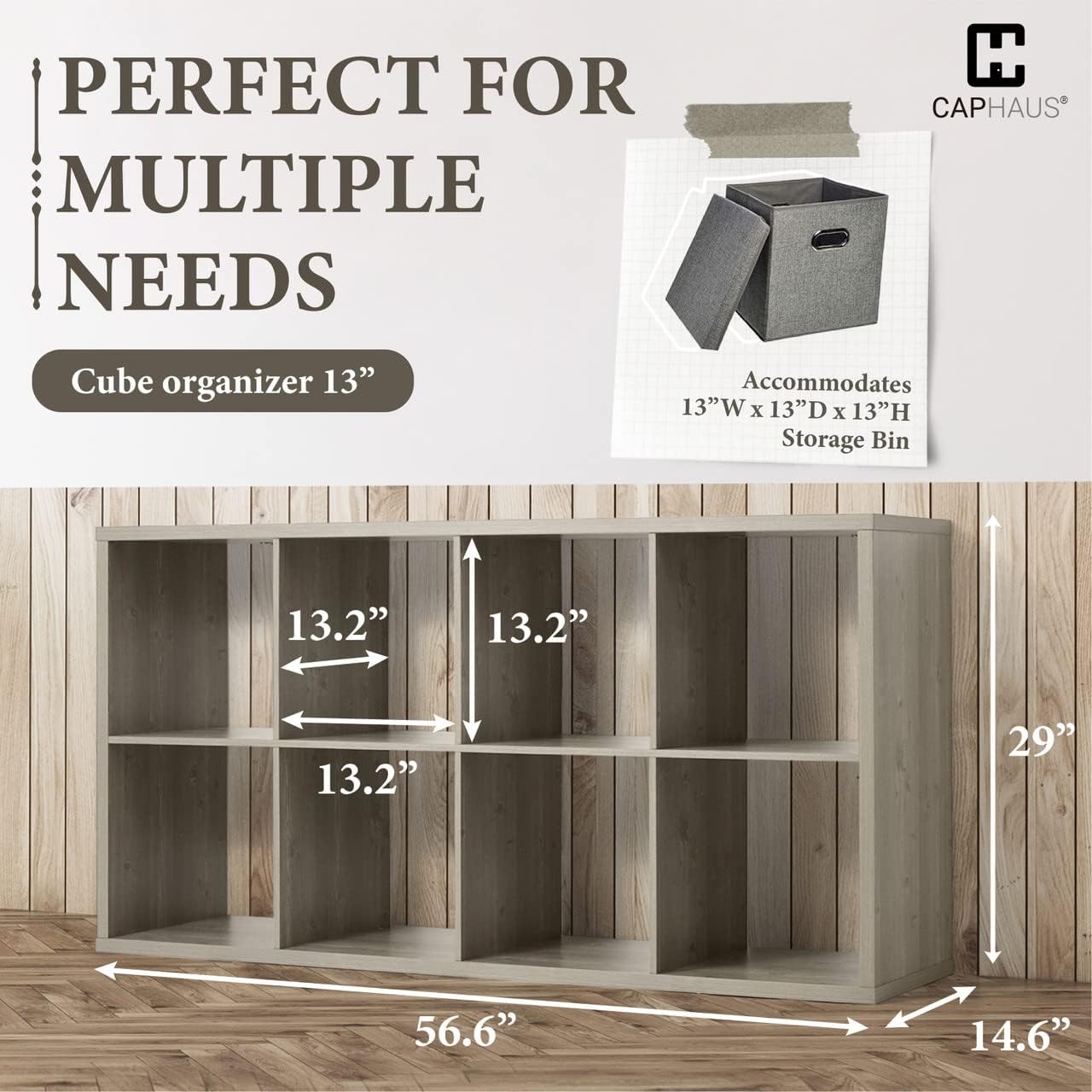 CAPHAUS Sturdy Room 13-Inch Cube Storage Organizer Shelf, with Extra Thick Exterior Edge, Open Storage Shelf Divider, Bookcase, 6-Cube / 8-Cube / 9-Cube, Colors Available in Rustic Grey Oak and White