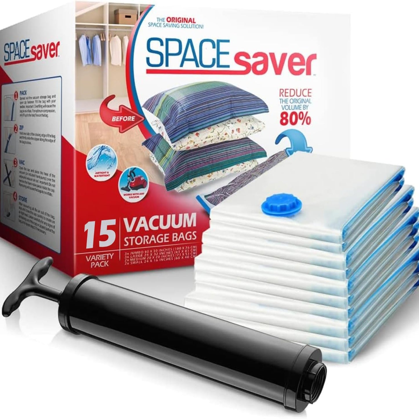 15-Pack Variety Vacuum Storage Bags for Comforters, Blankets & Clothes – Vacuum Sealed Compression Bags with Hand Pump – Space Saver Storage Bags for Bedding,Travel & Organization (3S, 4M, 4L & 4XL)