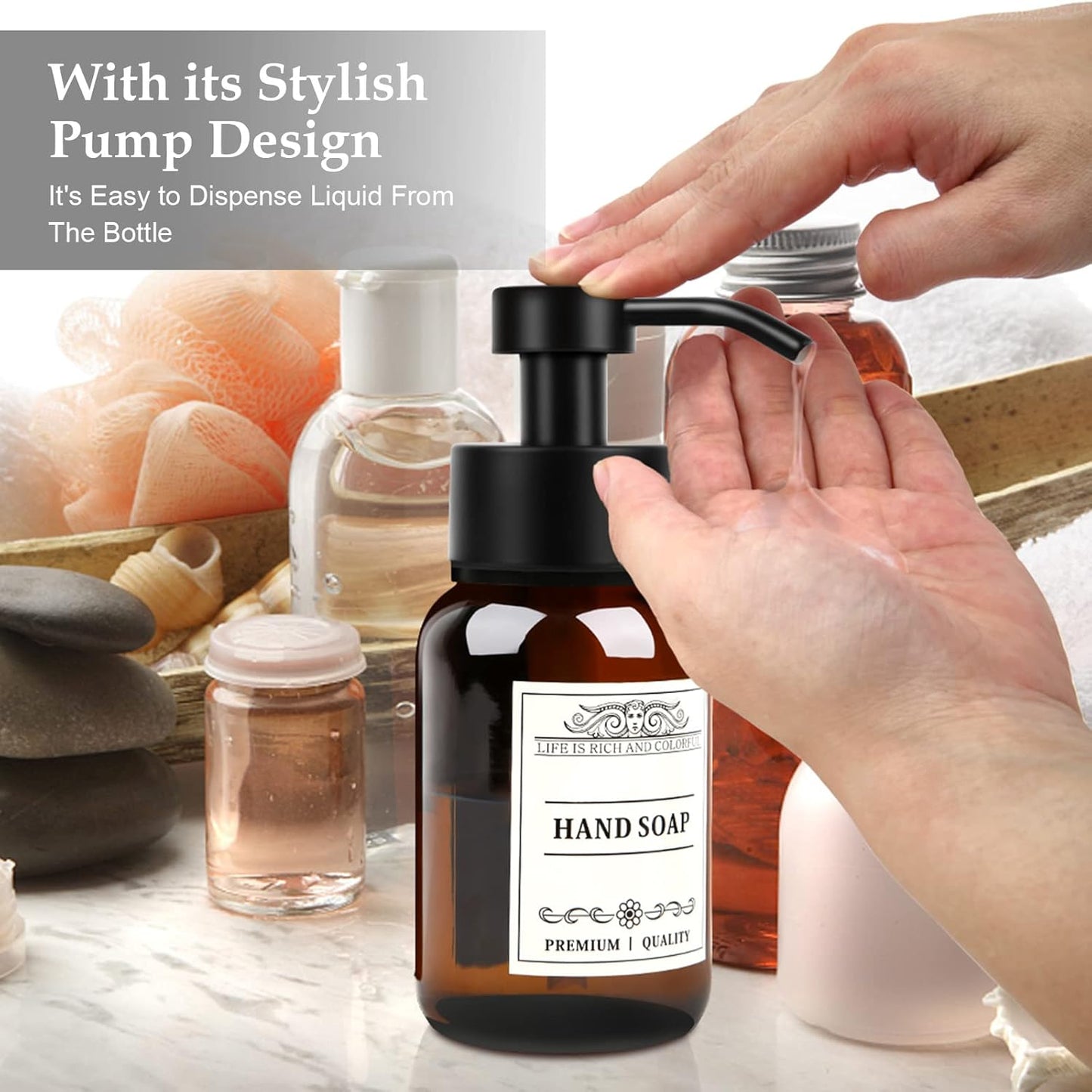 Glass Soap Dispenser with Pump and Wall Mount Holder,8.5 Oz Shampoo and Conditioner Dispenser with Waterproof Labels(Brown)