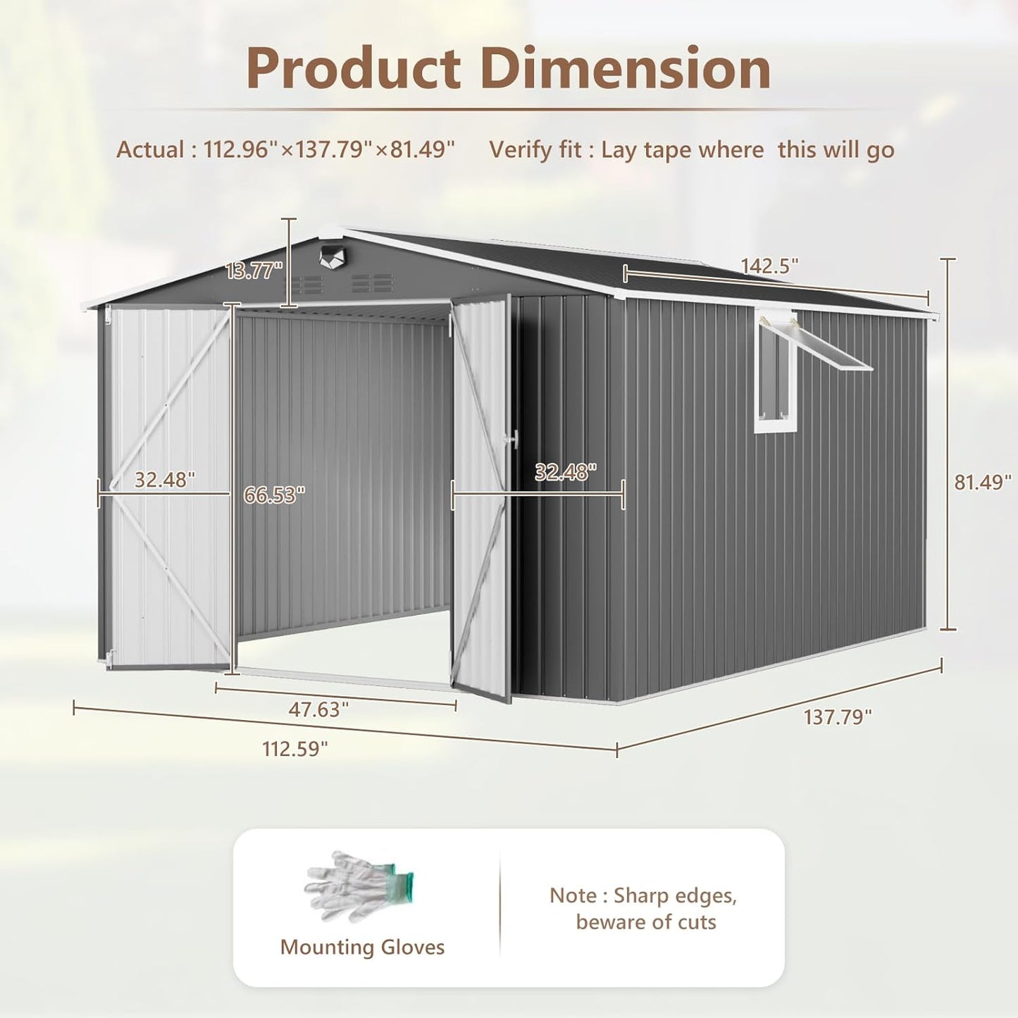 10x12 FT Outdoor Storage Shed, Metal Garden Shed - Tool Storage Sheds with Lockable Doors & 1 Vented Clear Window, Waterproof Outside Storage Building for Backyard, Patio (Black; Floor Not Included)