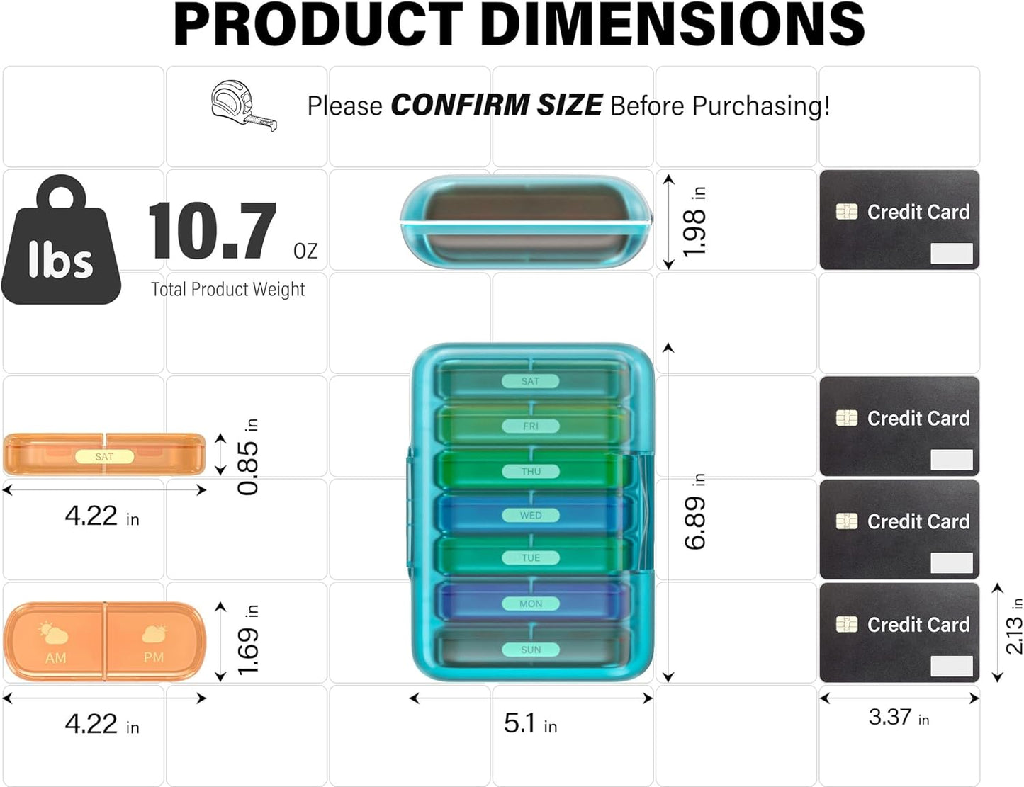 Weekly Pill Organizer 2 Times a Day, 7 Day Pill Box 2 Times, Portable for Travel Pill Case for Pills/Vitamin/Fish Oil/Medication/Supplements (2x7 Blue+Rainbow)