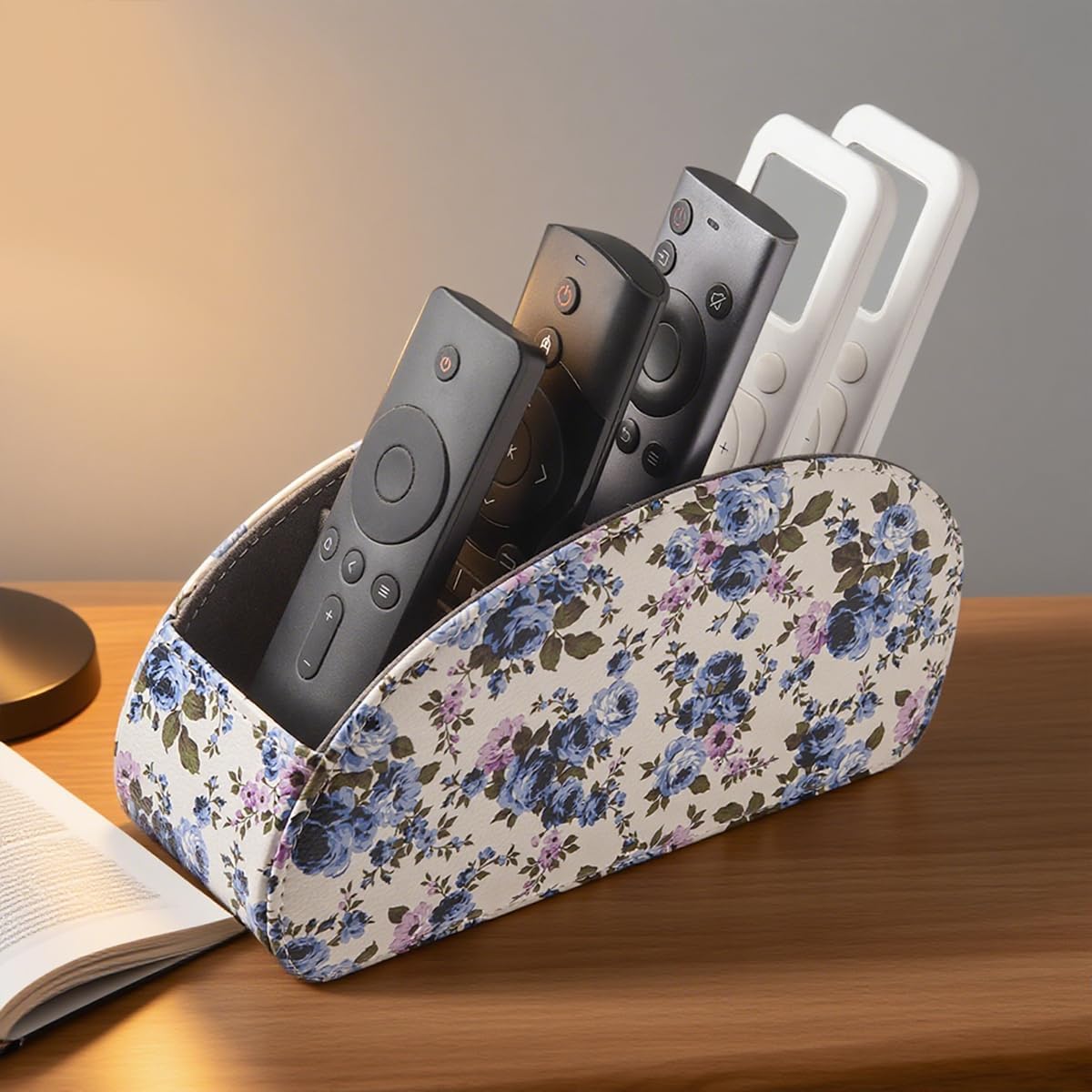 Remote Control Holder with 5 Compartments,PU Leather Remote Holder Compatible with Fire TV Remotes, Media Player Remotes, Heater Controllers, and Air Conditioner Remote Controls(Blue-flowering)
