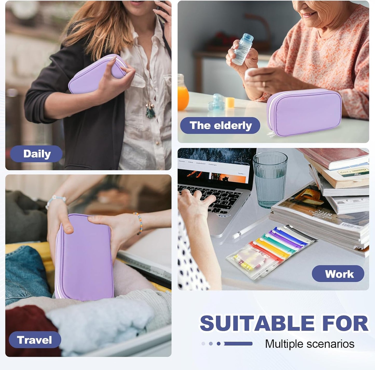 Weekly Pill Organizer 2 Times a Day - Timueetech A6 Waterproof 14 Pill Pouch Bags for Travel, BPA-Free Medicine Storage with Labels & Self-Sealing Design for Vitamins and Supplements, Purple