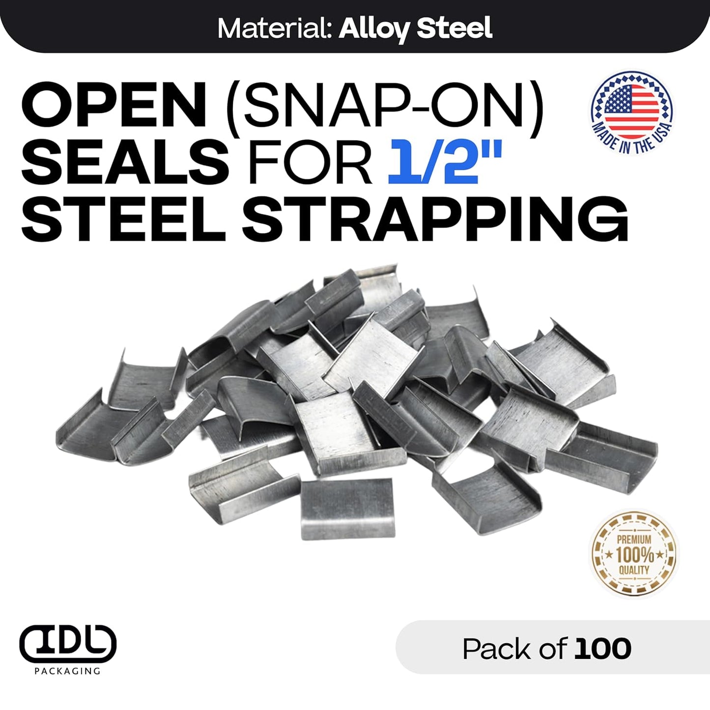 IDL Packaging Open (Snap-On) Seals for 1/2" Strap Width Steel Strapping (Pack of 100) - Superior Holding Power - Sturdy Metal Clips for Securing Heavy Packaging and Pallet Banding
