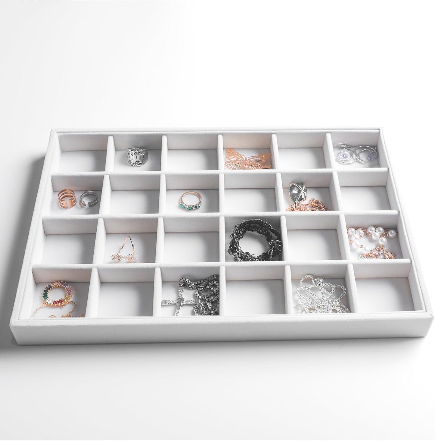 Frebeauty Stackable Velvet Jewelry Organizer Trays for Drawers Inserts Jewelry Storage Tray Display Case, Stud Earrings Bracelets Necklace Rings Accessories Trays for Women(Set of 4)(White)