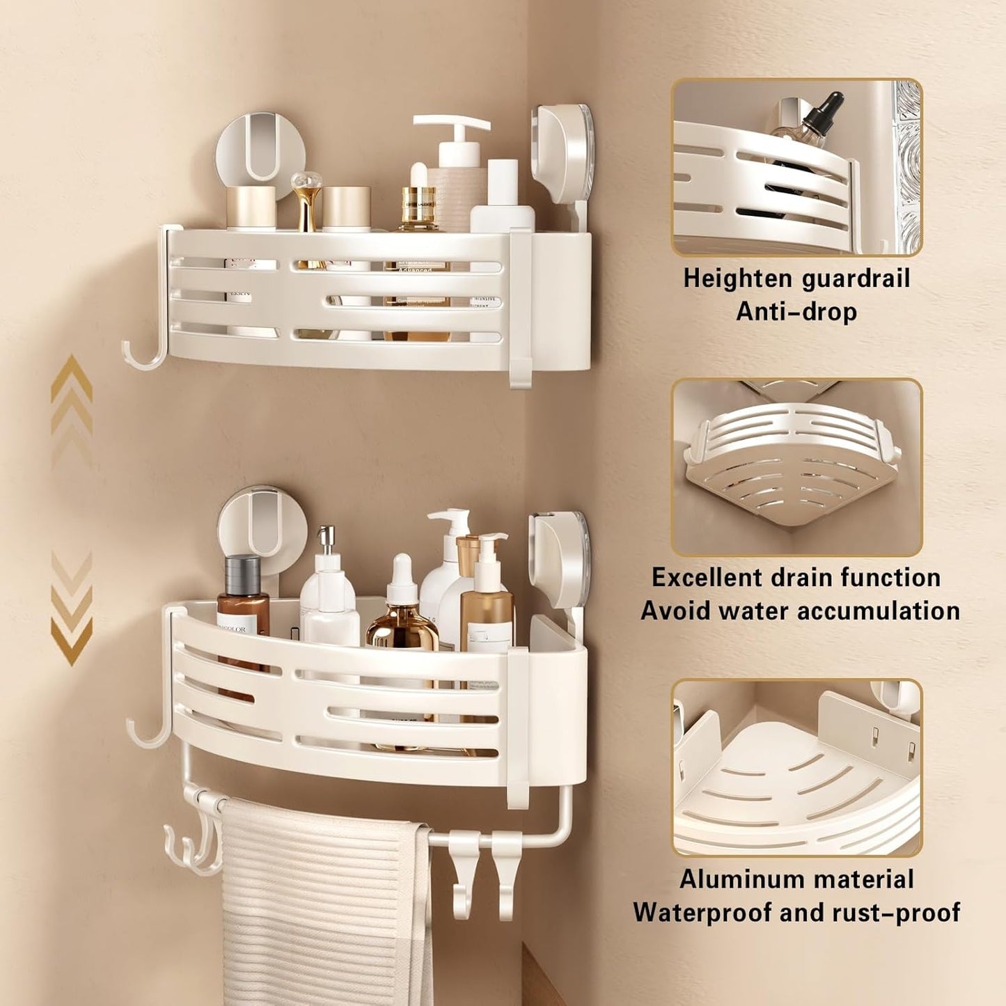 VOLPONE Corner Shower Caddy Suction Cup Shower Shelf Corner No Drilling Bathroom Shower Organizer Storage Rack Adhesive with Towel Bar Hooks(3-Pack, Ivory)