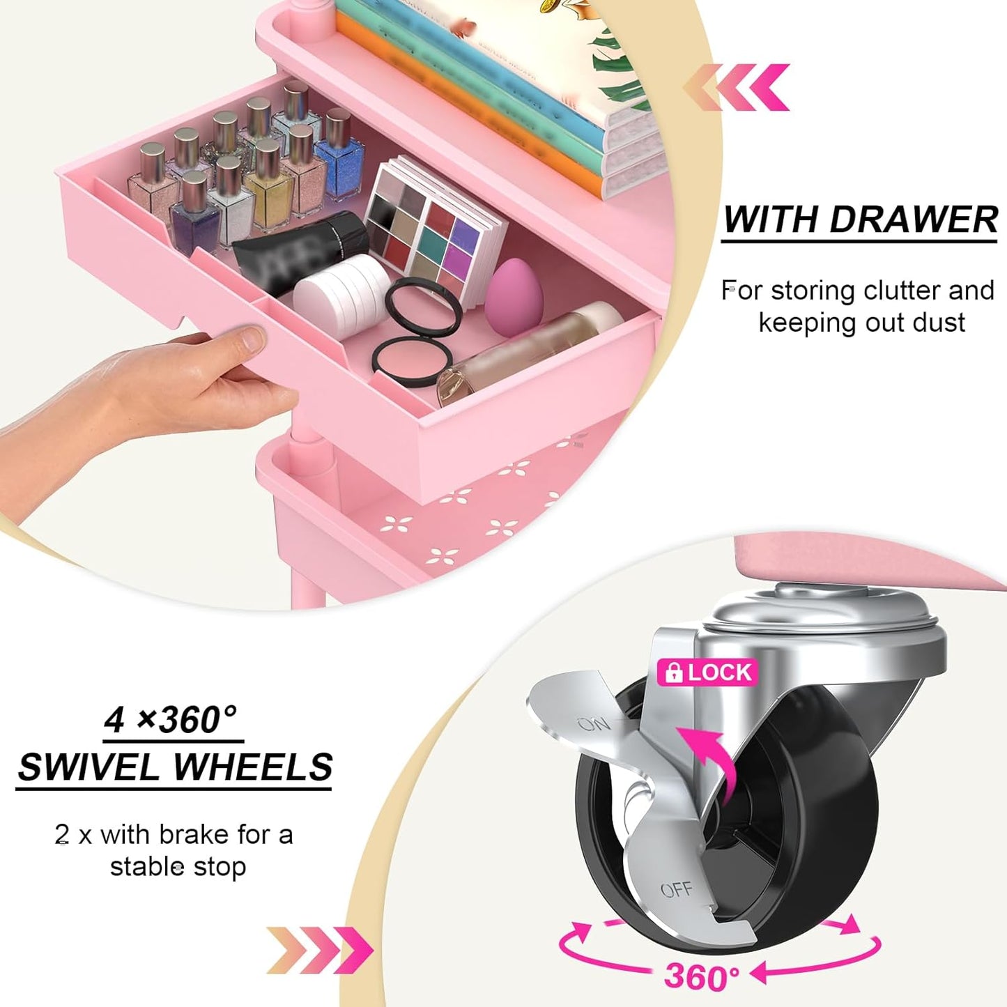 Goovilla 3 Tier Rolling Utility Cart Organizer with Removable Drawer, Stable and Sturdy Pink Rolling Storage Carts with 2 Lockable Wheels for Bathroom, Kitchen, Snack, Craft, Makeup, Baby Essentials