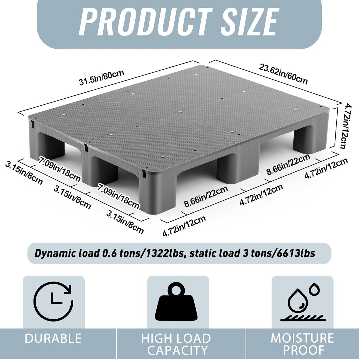 2 Pcs Plastic Pallet for Basement Storage Easy Stack Lightweight Floor Pallet Display Flooring Room Supermarket Christmas, Support up to 2000 Lbs (31.5'' L X 24'' W X 4.7'' H,Grey)