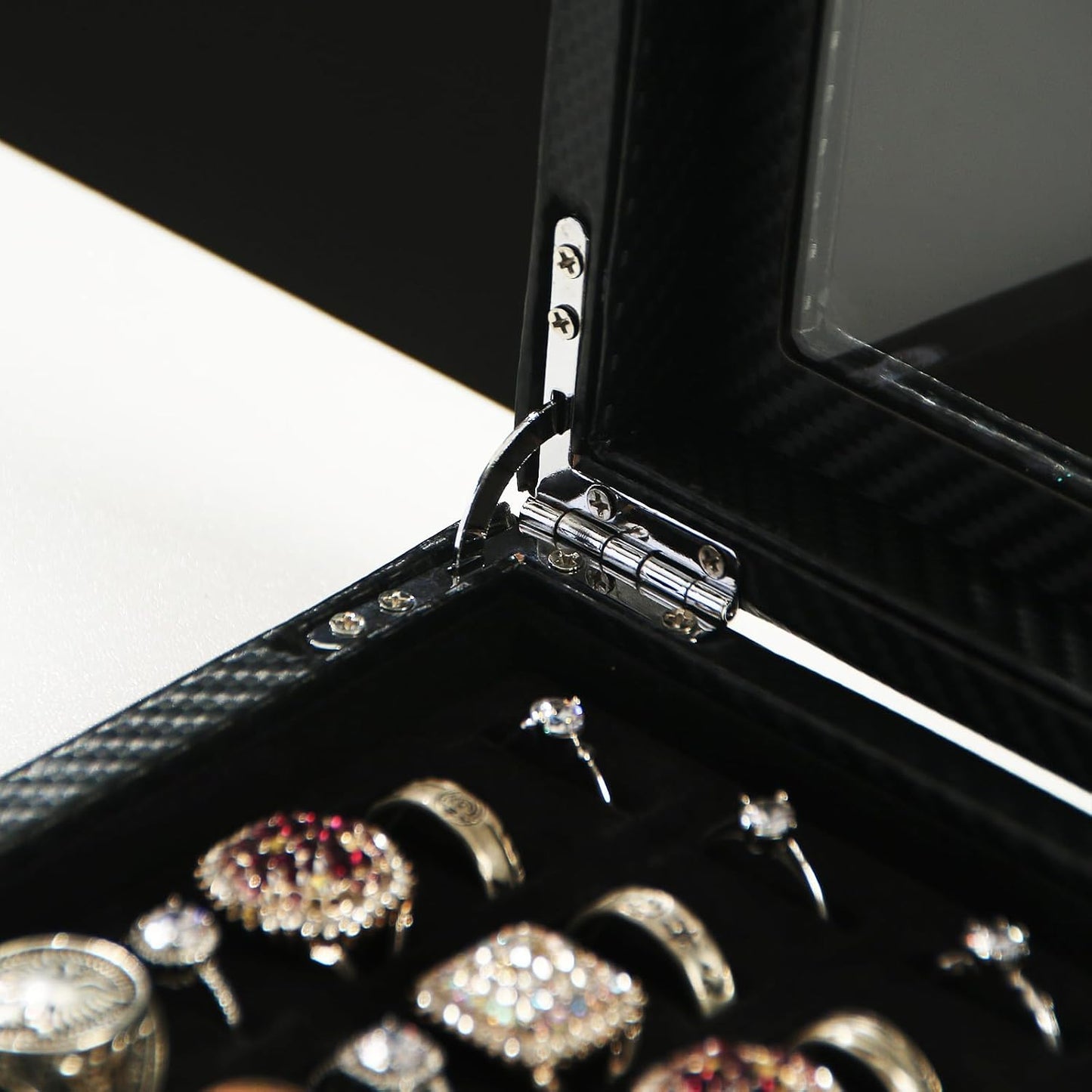 Byken Carbon Fiber Ring Organizer for Jewelry,Rings Display Case,Small Travel Jewelry Box,49 Slots Cufflink Storage Tray with Glass Lid,Black
