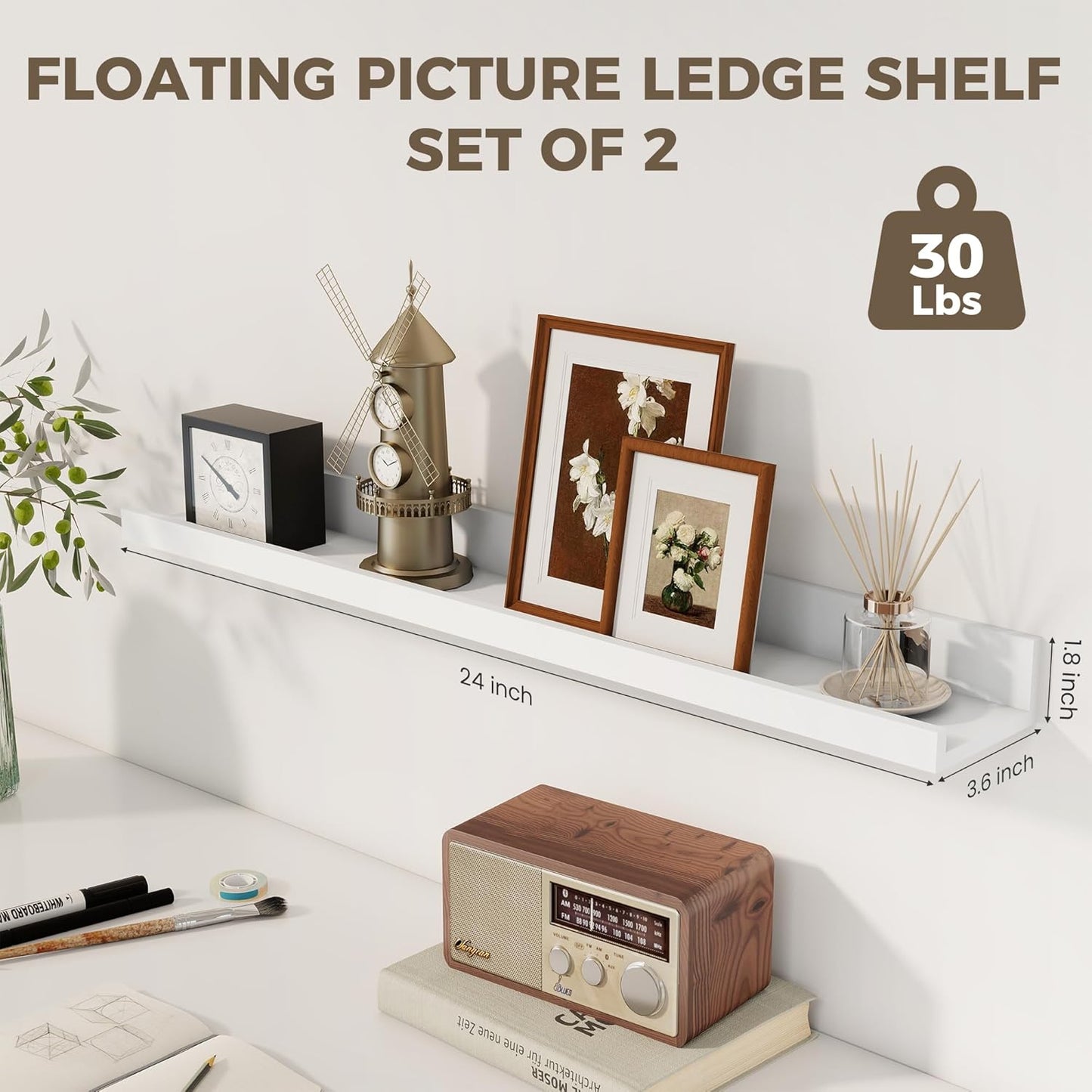 Axeman Floating Shelves for Wall - 24 Inch Picture Ledge Shelf Set of 2 - White Floating Shelves with Lip - Picture Shelf for Wall with Ledge - Photo Ledge Shelves for Pictures Nursery Books