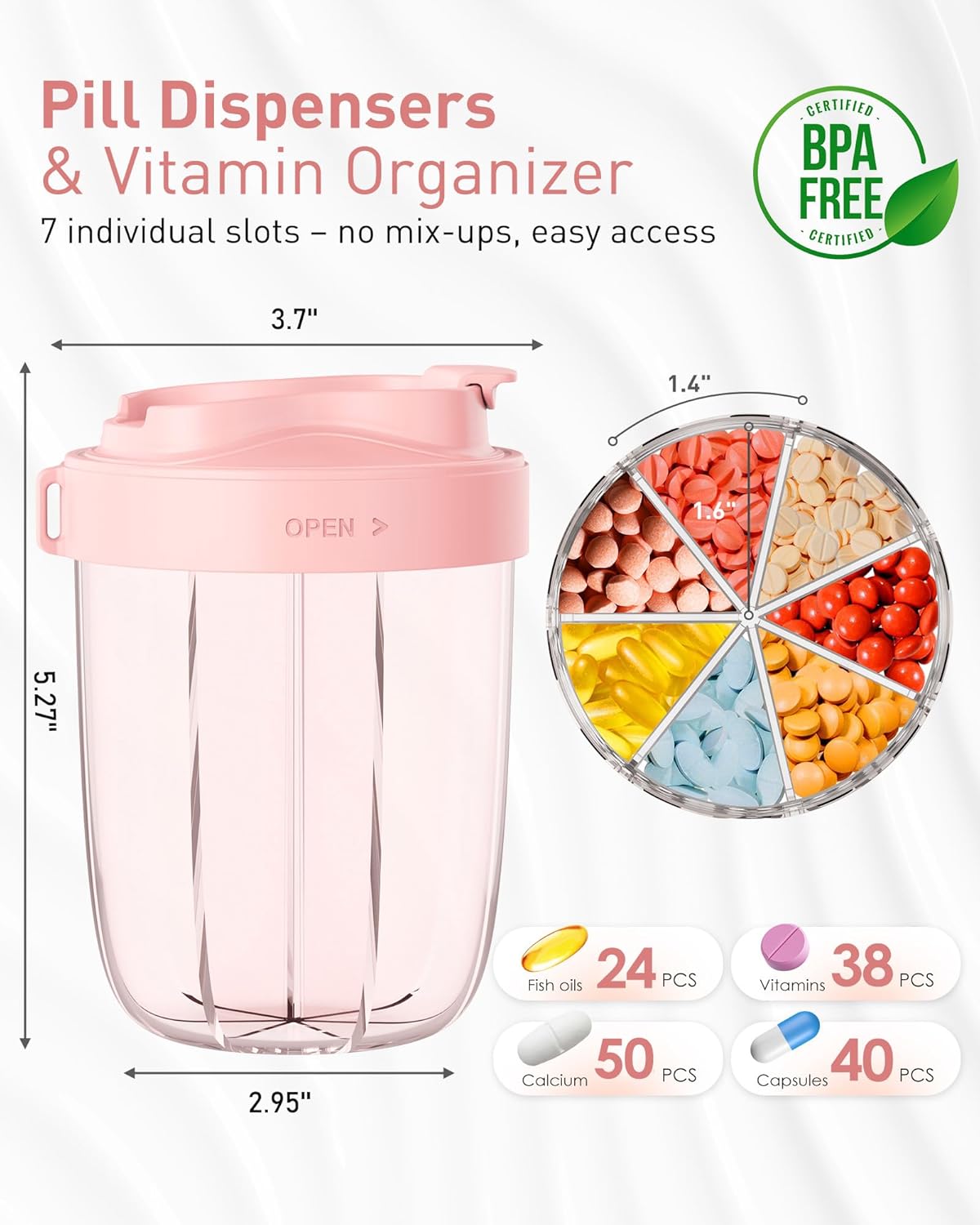 Large Pill Organizer,Supplement Organizer for 7 Different Vitamins,Pill Dispenser with Anti-Mixing Design,Easy to Retrieve Meds,Includes 20 Pcs Labels,Travel Pill Organizer(Pink)