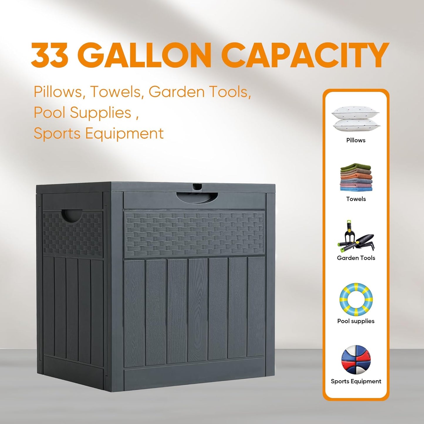 ZYJOYY 33 Gallon Resin Deck Box, Weatherproof Outdoor Storage Box for Patio, Garden, Pool, and Yard, Lockable Waterproof Bin for Tools, Cushions, and Accessories, Grey