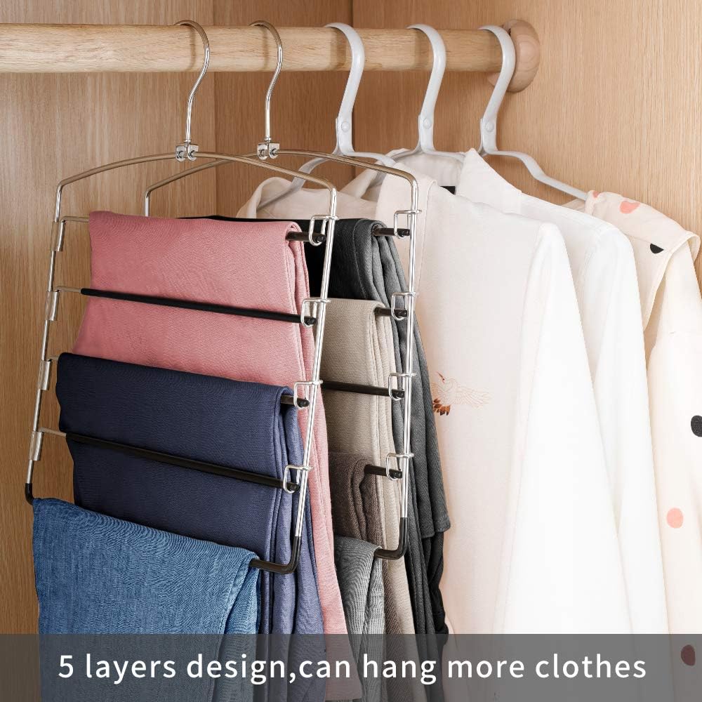FeeraHozer Pants Hangers Non Slip 6 Pack Space Saving Hangers Multi-Layer Swing Arm Pants Hanger Stainless Steel Space Saver Hanger for Jeans Scarf Trouser Towel Clothes (Black)