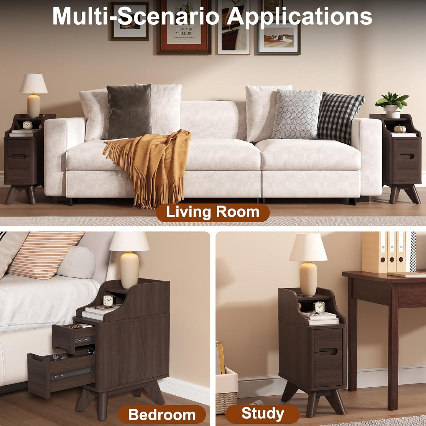 Narrow Nightstand with Drawers, Wood Night Stand with Charger Station, Narrow Bedside Table Modern Side Table Skinny End Table for Bedroom, Brown