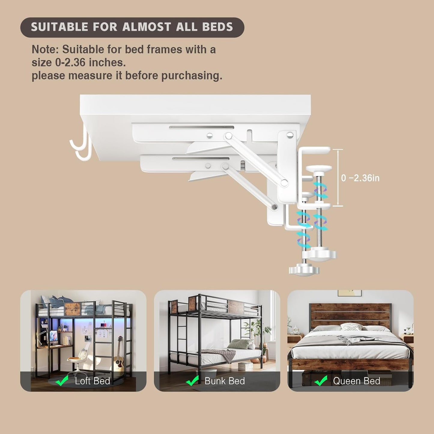 Bedside Shelf Foldable, Metal Clip-On Bunk Bed Table Shelf for Top Bunk Heavy Duty Bed Side Table Tray for College Dorm Room Essentials, Loft Nightstand Organizer Tray with 1 Cord Hole(White)