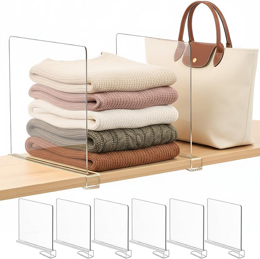 Shelf Dividers Purse Organizer for Closet: 11-inch Tall(Higher Version) Acrylic Sweater Organizer - Upgraded Extra Height for Large Handbags, Totes, Clothes, Towels on Wood Shelves 6-Pack