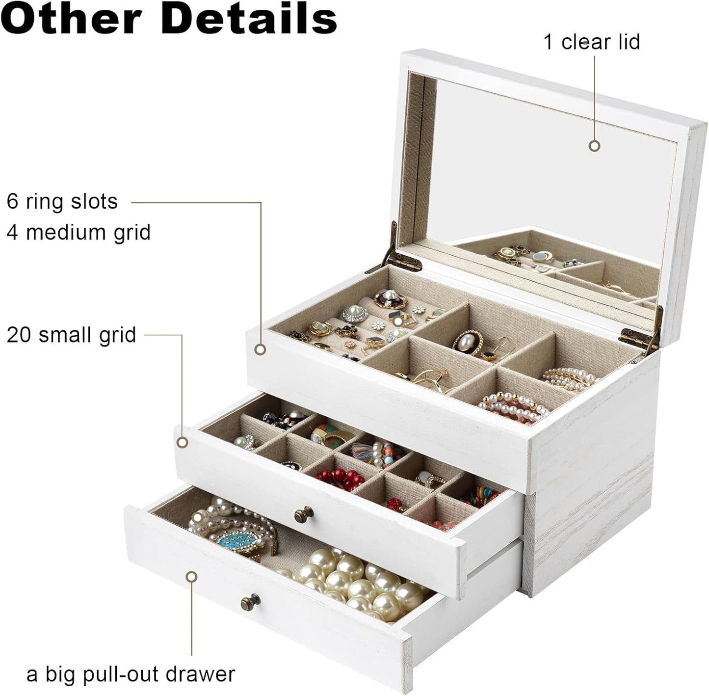 Meangood Jewelry Box Organizer for Women, 3 Layer Large Jewelry Storage Case, Rustic Wooden Jewelry Box with Mirror & Ring Tray for Necklace Earring Bracelets Rings, Vintage Style (White)
