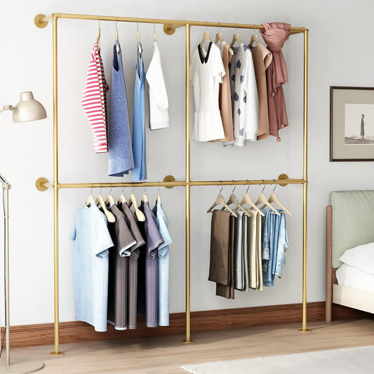 Gold Pipe Clothing Racks Wall Mount Gold Clothes Rack, Heavy Duty Industrial Pipe Clothes Racks Retail Display Hanging Rod for Closet Storage, Laundry Room