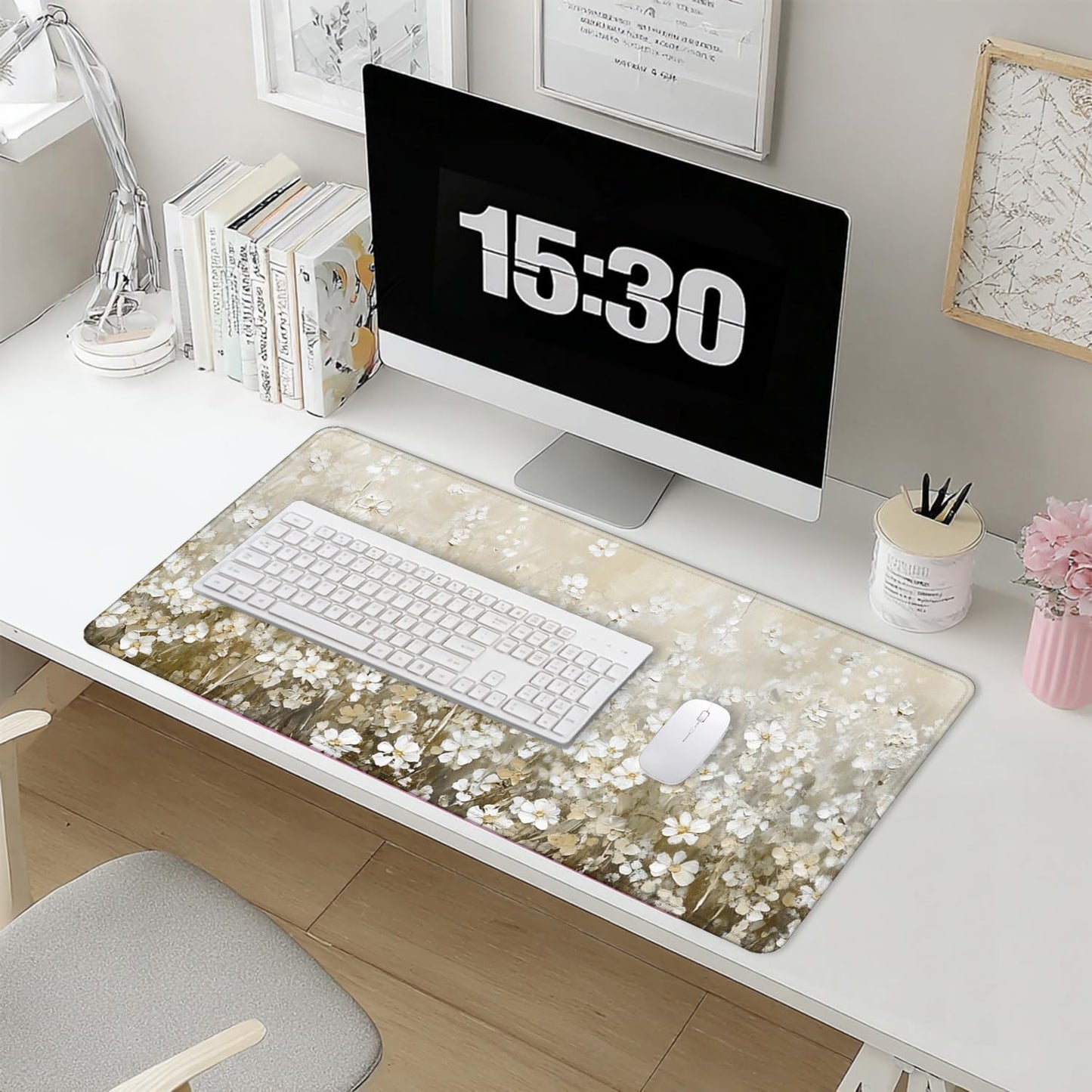 Vintage Watercolor Floral Large Mouse Pad 31.5x15.7inch, Retro Cottagecore Flower Large Extended Computer Desk Mat Mousepad for Keyboard and Mouse, Floral Desk Accessories