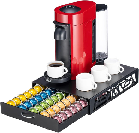 FlagShip Vertuo Pod Storage - Modern Black Metal Coffee Capsule Organizer & Space-Saving Pod Holder for Coffee Machines, Spacious 50 Vertuo Pods Capacity