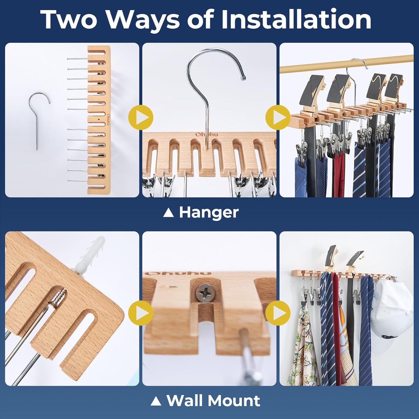 Ohuhu 3 in 1 Belt Hanger Tie Rack Hat Organize for Closet Storage with 14 Belt Slots 12 Tie Hangers 12 Hat Clips Wall Mount Belt Display Space Saver for Men Women Belt Tie Hat Accessories