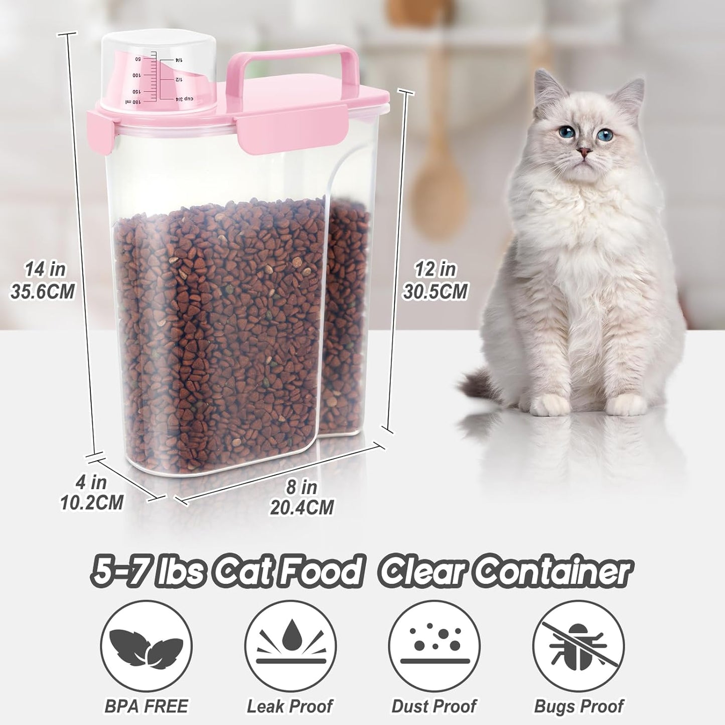 5-7Lbs Dog Cat Food Storage Container with Upgraded Large Nozzle BPA-free, 4 Snap Seals Plastic Pet Food Storage Containers with Handles (Light Pink, 5L-1pack)
