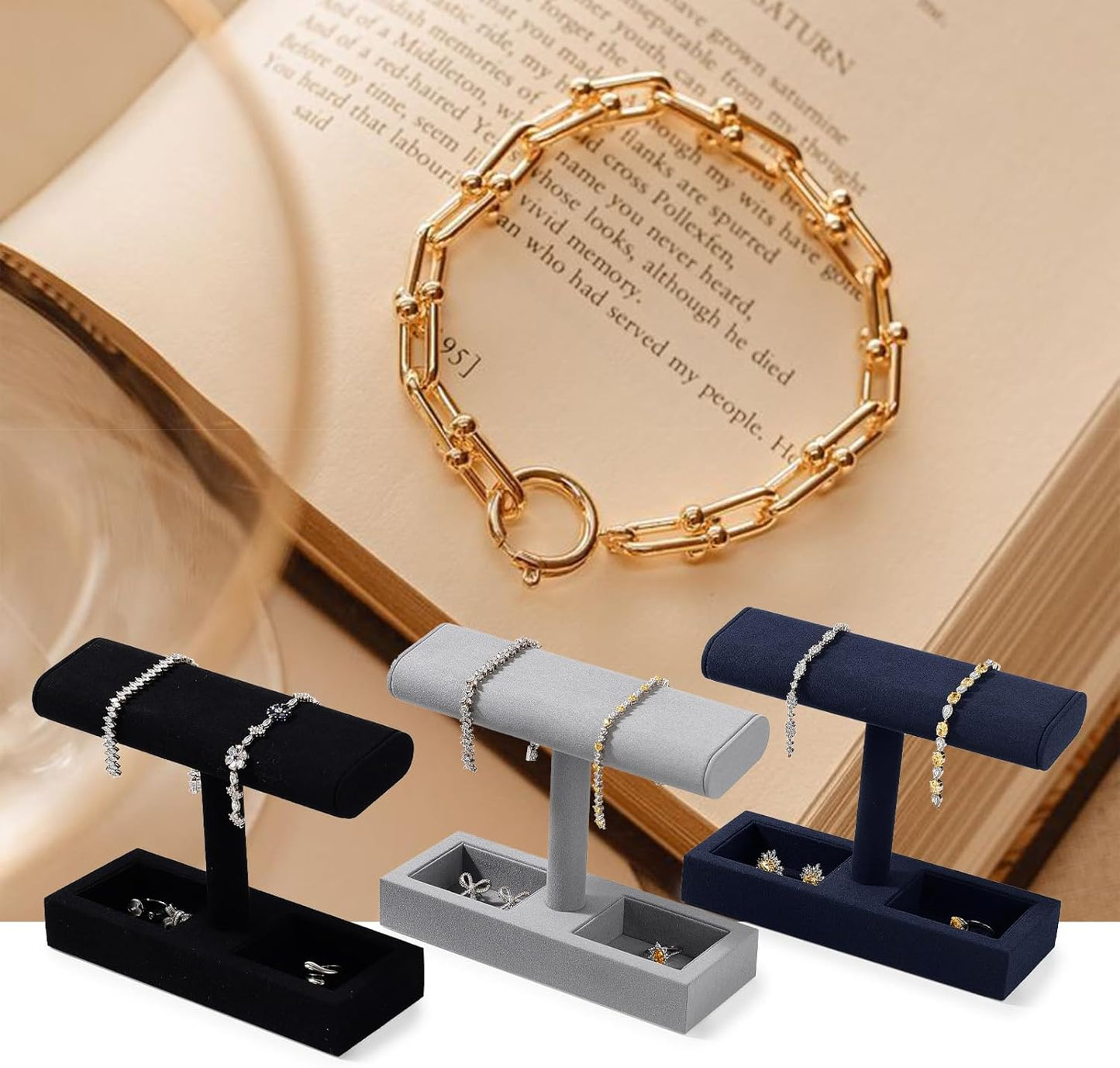 Oirlv Microfiber T-Bar Watch Display Stand Jewelry Display Props Jewelry Organizer Holder for Watch Bracelet Ring Earrings (Light Grey,Microfiber)