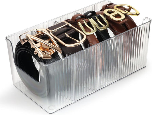 Acrylic Belt Organizer with Adjustable 4 Compartments & Stackable Design, Clear Storage for Closet and Drawer Organization