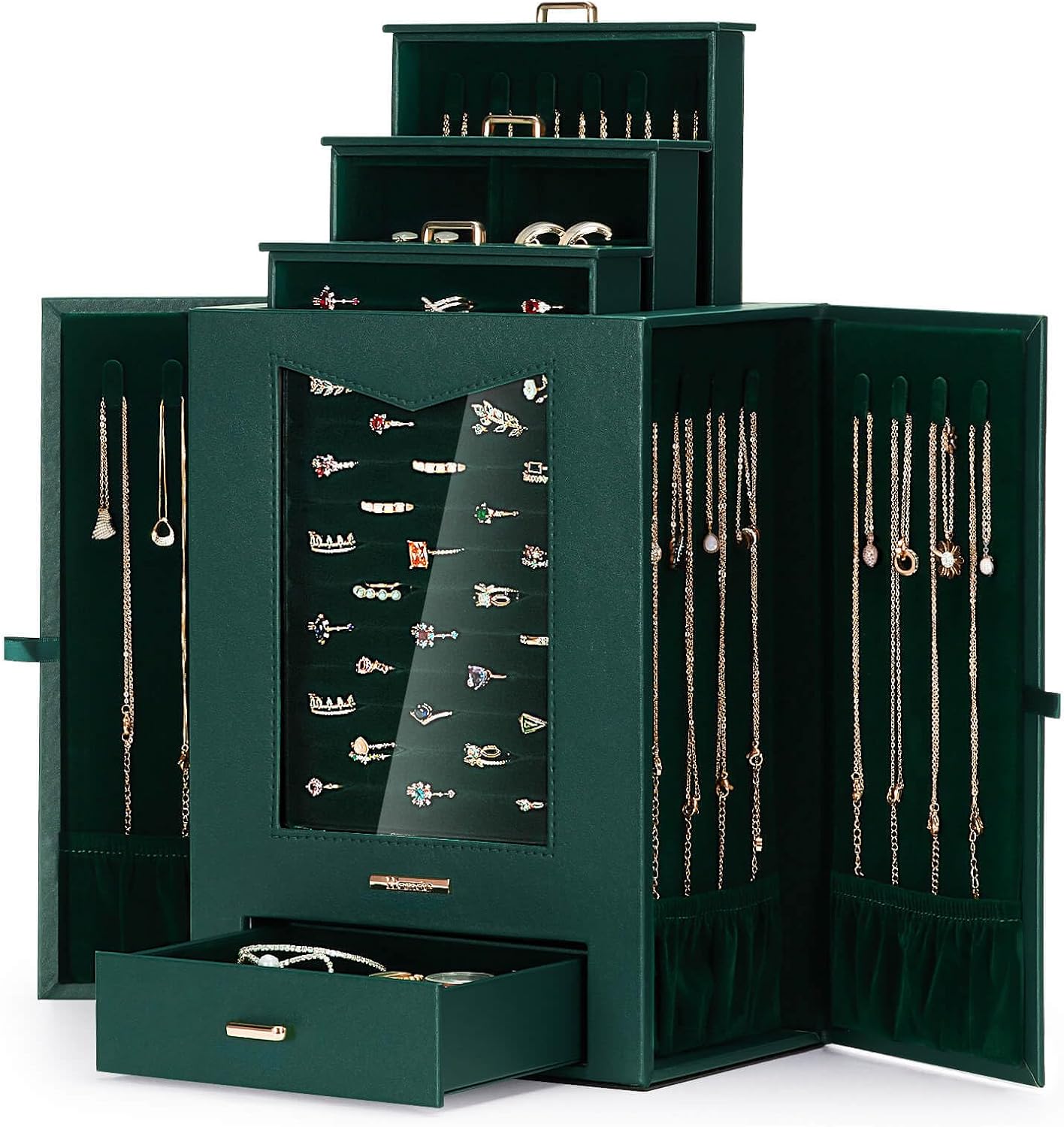 Homde Jewelry Organizer with Transparent Window Necklace Hooks Gift for Women Jewelry Box Display Case for Necklaces Rings Earrings Bracelets and Other Accessories (Forest Green)