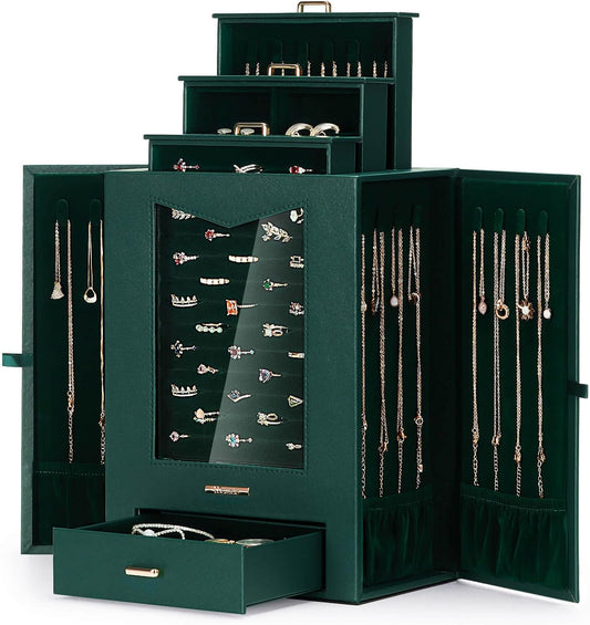 Homde Jewelry Organizer with Transparent Window Necklace Hooks Gift for Women Jewelry Box Display Case for Necklaces Rings Earrings Bracelets and Other Accessories (Forest Green)