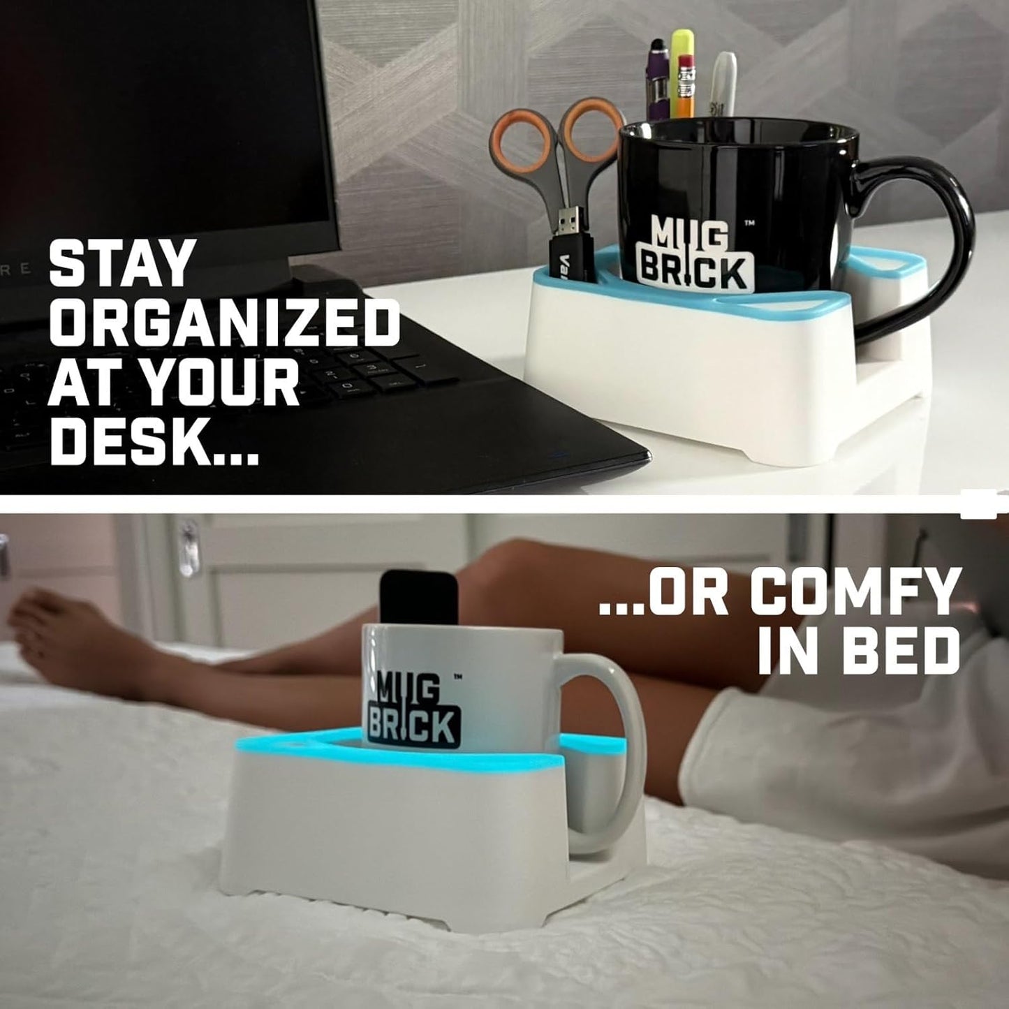 MugBrick Drink Holder for Couch, Bed, Car, Boat - Non-Spill Table and Desk Cup Holder, Tip Proof Spill Prevention Organizer, Black + Yellow Glow