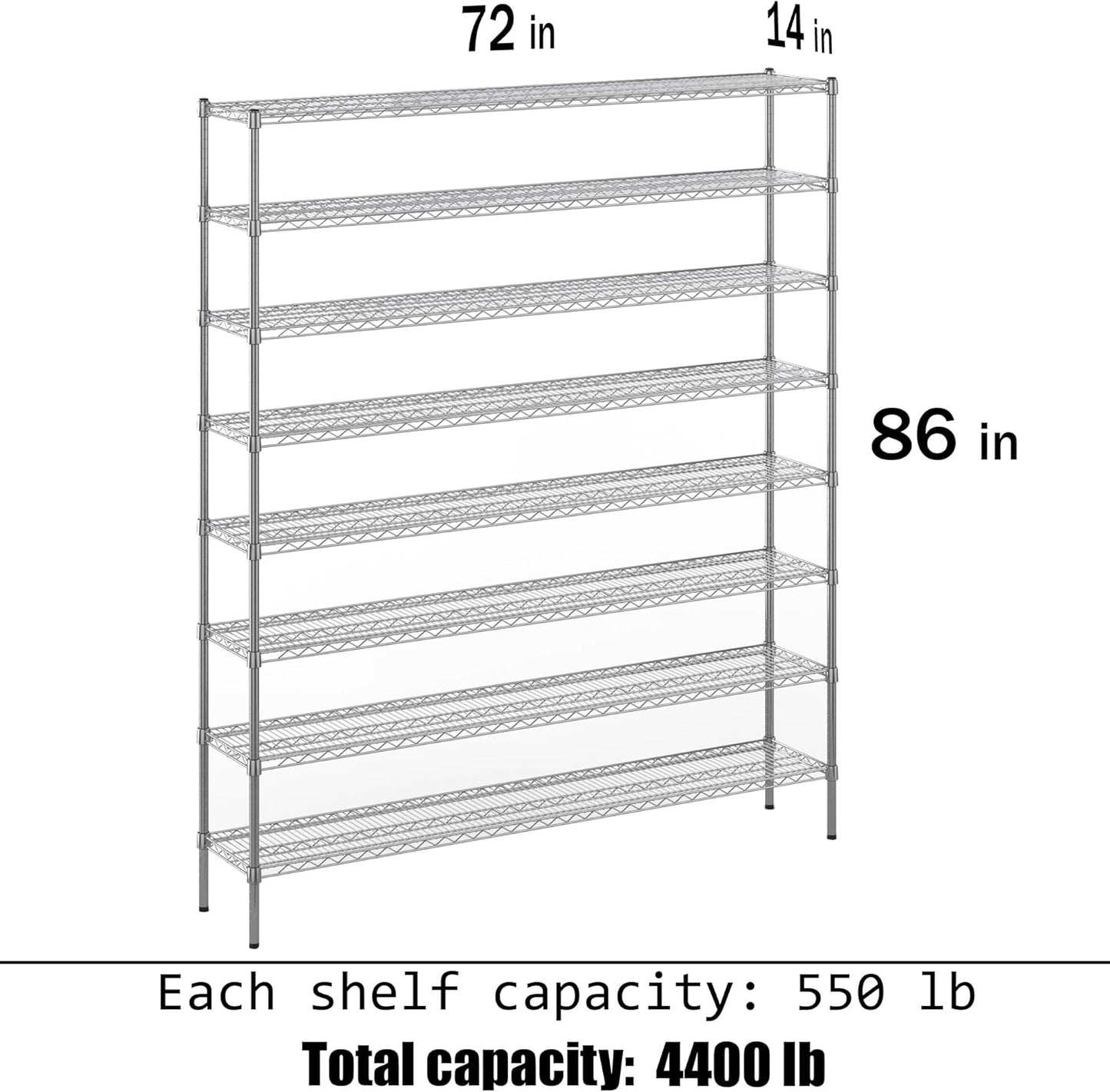 14" Deep x 72" Wide x 86" Height Wire Shelving Kit | 8-Tier | NSF Commercial Storage Rack Unit