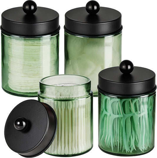 Amolliar Sage Green Qtip Holder, Glass Apothecary Jar Metal Lid & Stickers, Bathroom Qtip Dispenser Storage Canister, Perfect for Cotton Balls, Cotton Swabs, Round Pads, Bath Salt, Floss, Black 4 Pack