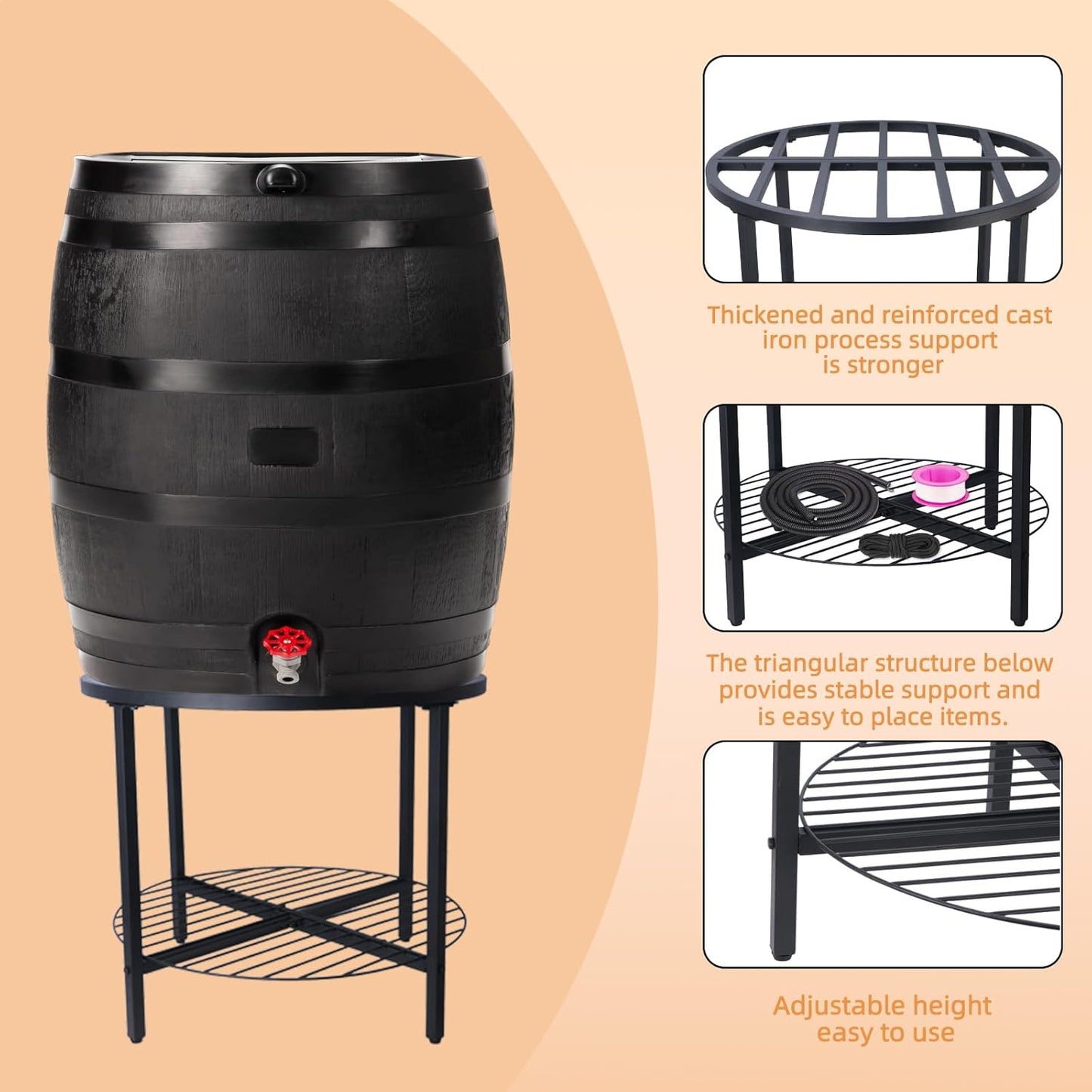 2-Tier Rain Barrel Stand – Base Only, Outdoor Heavy-Duty Rain Water Collection Barrel Stand with Rust-Proof Design & Ring Shelf, Fits 45/50/55-Gallon Plastic Round Rain Barrels (Black)
