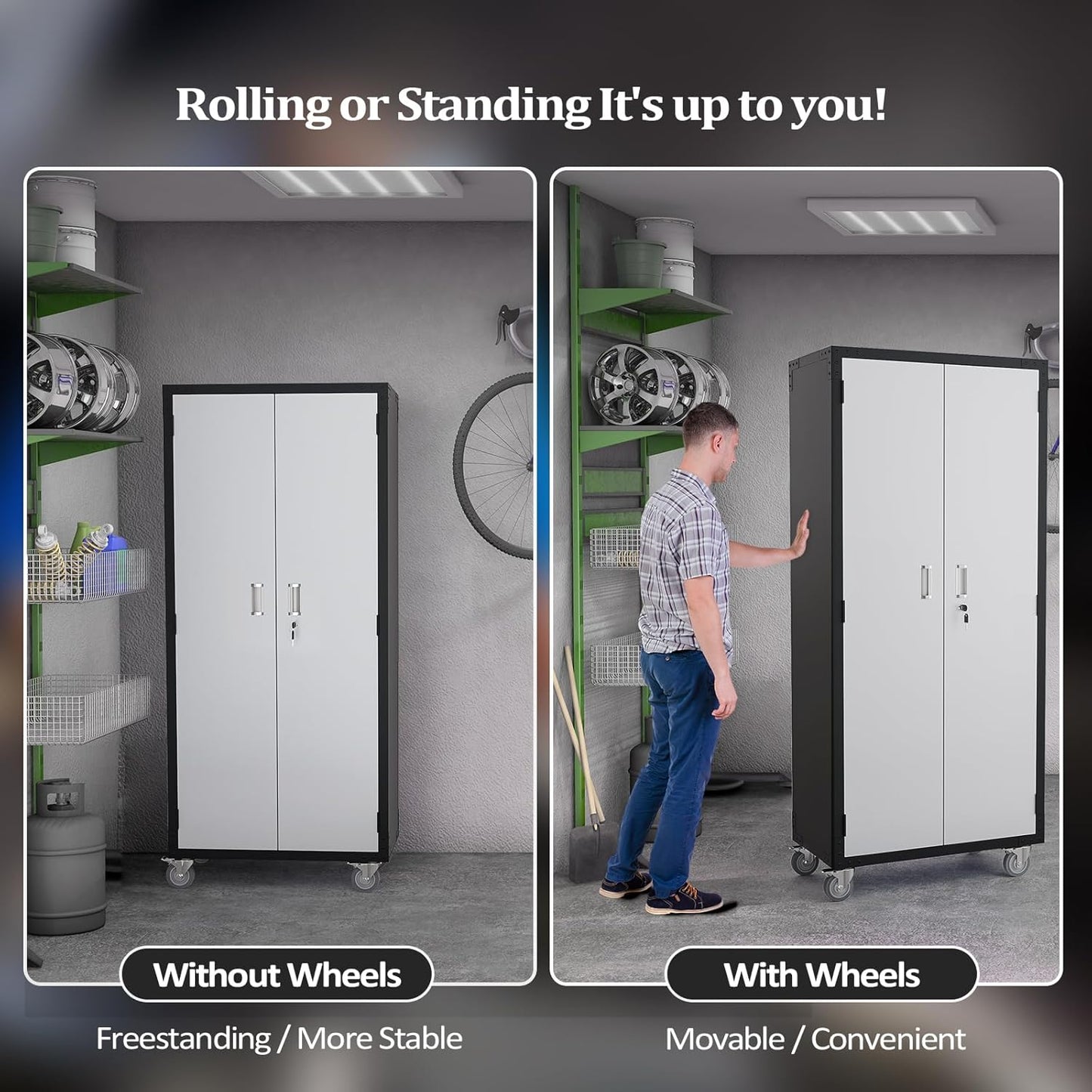 VINGLI 72'' Tall Garage Storage Cabinet, Metal Storage Cabinet with Wheels, Locking Doors and Adjustable Shelves (Black & Silver, 32''W x 16''D x 72''H)