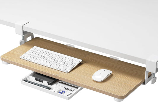 ETHU Keyboard Tray Under Desk, 26.77" X 11.81" Large Size Keyboard Tray with C Clamp-on Mount Easy to Install, Computer Keyboard Stand, Ergonomic Keyboard Tray for Home and Office (Oak)