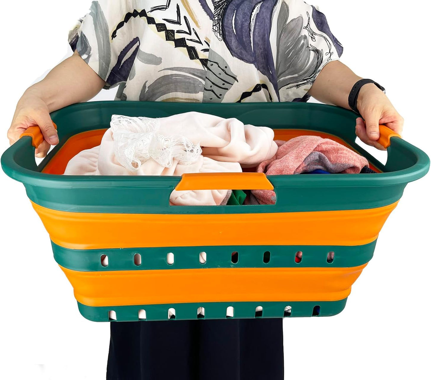 SAMMART 42L (11 gallon) Collapsible Plastic Laundry Basket - Foldable Pop Up Storage Container/Organizer - Space Saving Hamper/Basket (1, Teal Green/Autumn leaf)