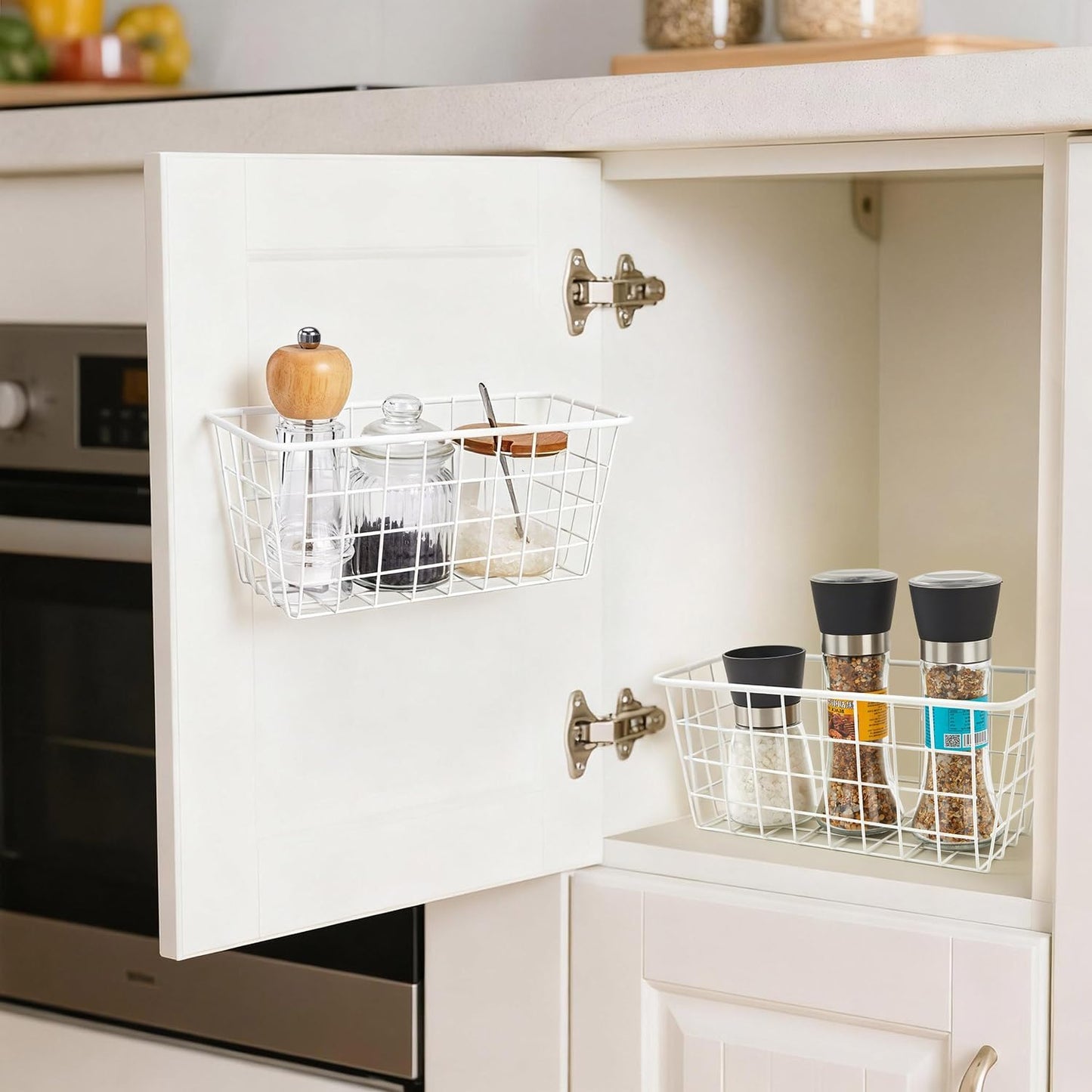 LeleCAT Hanging Kitchen Baskets For Storage Adhesive Sturdy Small Wire Storage Baskets No Drilling Wall Mounted Kitchen Food Pantry Bathroom Shelf Storage, 4 PACK,White