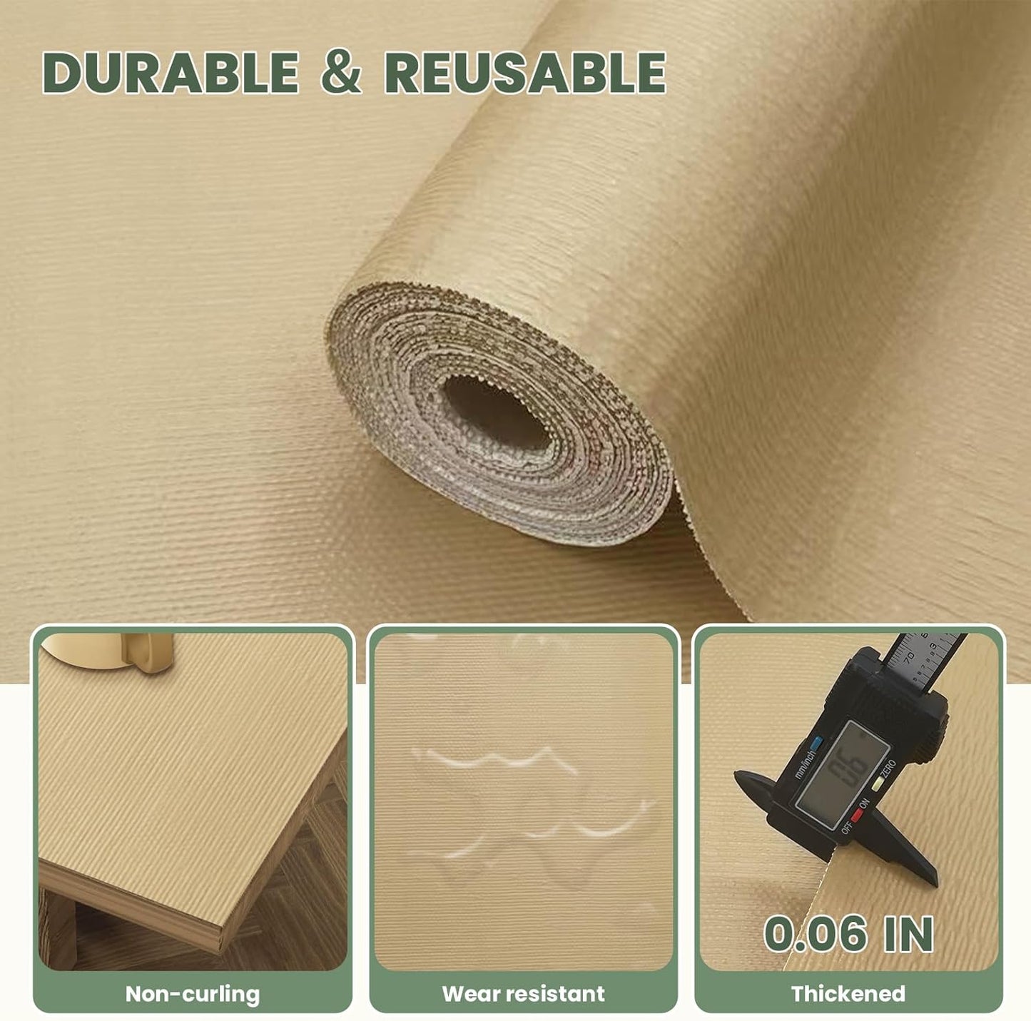 Drawer Liner and Shelf Liner for Kitchen Cabinet Liner Non-Adhesive Non-Slip Shelf Paper, Thick Strong Grip Waterproof Easy to Clean for Shelves, Cupboard, Desks, Khaki, 12 in x 20 FT