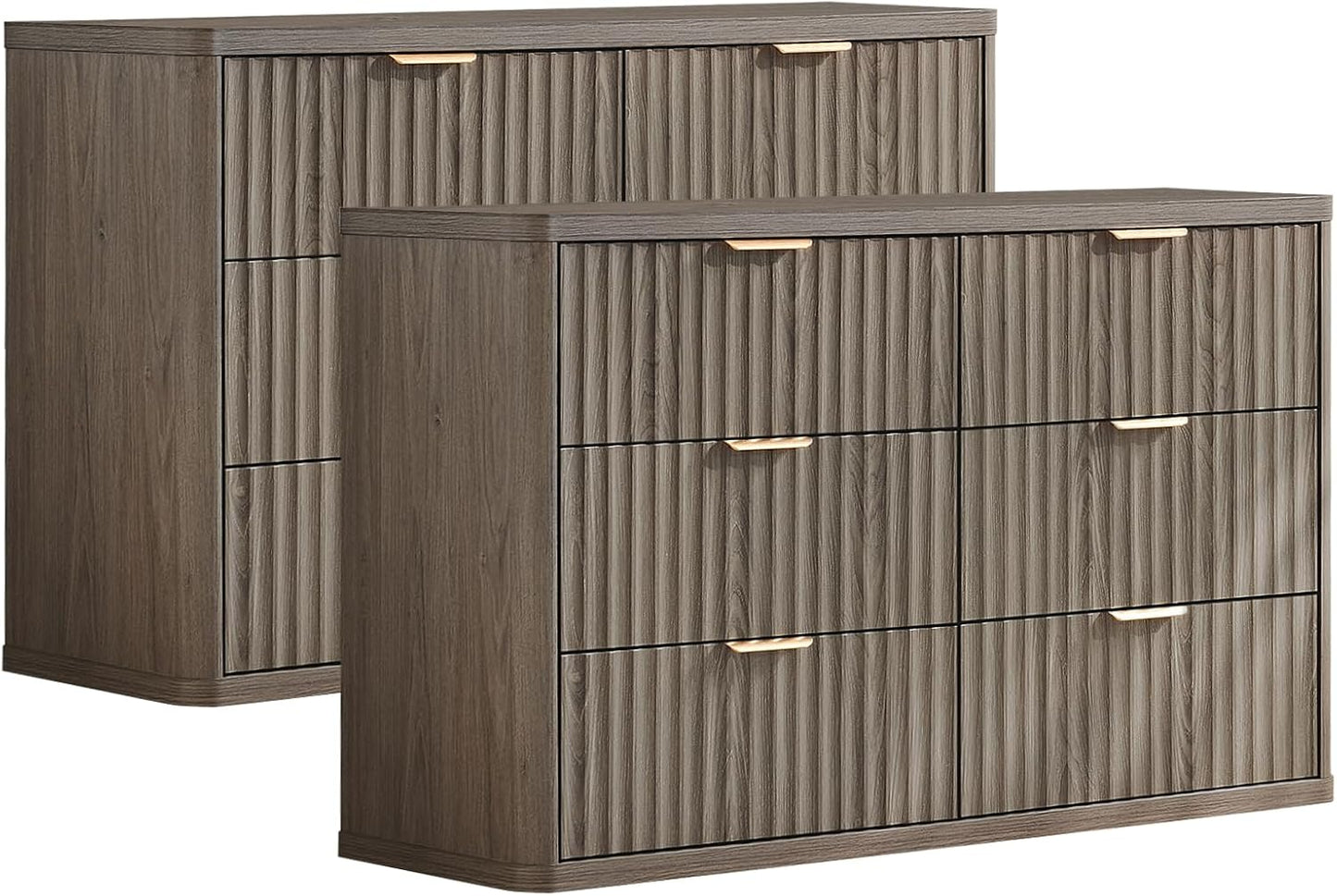 LEYAOYAO Fluted 6 Drawers Dresser Set of 2, 48" Wide Modern Chest of Drawers with Wood Grain Top, Curved Profile Design, Dresser TV Stand, Wooden Drawer Organizer for Bedroom, Living Room,Hallway,Grey