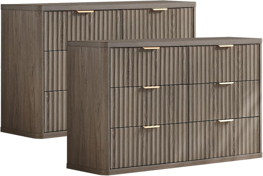 LEYAOYAO Fluted 6 Drawers Dresser Set of 2, 48" Wide Modern Chest of Drawers with Wood Grain Top, Curved Profile Design, Dresser TV Stand, Wooden Drawer Organizer for Bedroom, Living Room,Hallway,Grey