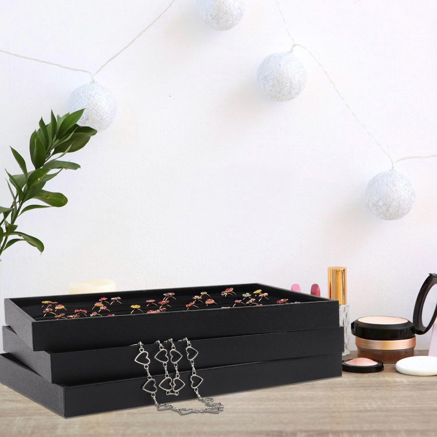 Rocutus Jewelry Trays,3 Pack Stackable Velvet Jewelry Organizer Tray Drawer Jewelry Storage Tray,Divided Ring Organizer Tray for Earrings, Necklaces, Bracelets,13.8"x9.5"x1.2" (Black)