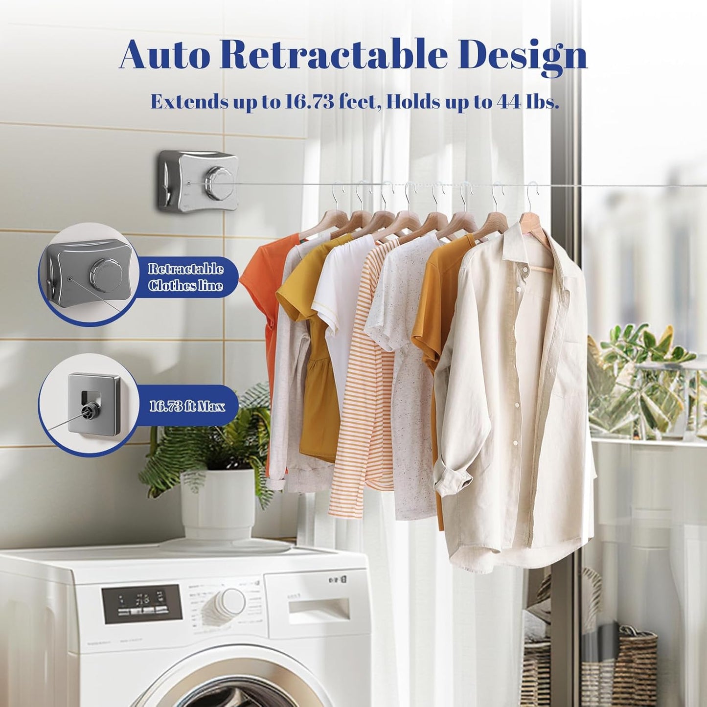 Retractable Clothesline Indoor, Non-Sagging Outdoor Clothes Line Retracting, 16.7 Ft Heavy Duty Clothes Drying Laundry Line, Wall Mounted Stainless Steel Clothesline for Balconies, Bathroom (White)