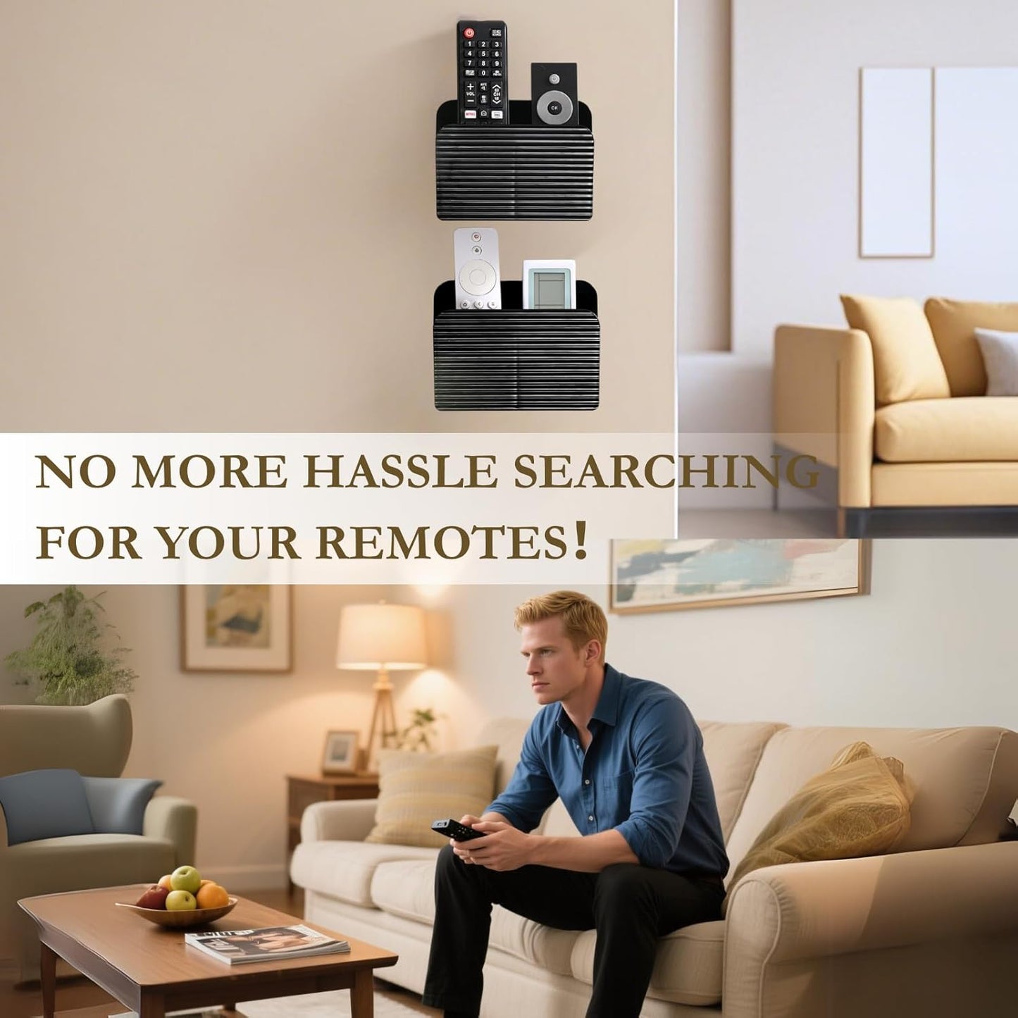 LINFIDITE 2 Pack Adhesive TV Remote Control Holder Wall Mount TV Remote Holder For Bedside Wall Remote Control Caddy Storage Organizer Stand Box （For 2 Or 4 Remote Controls – Black）