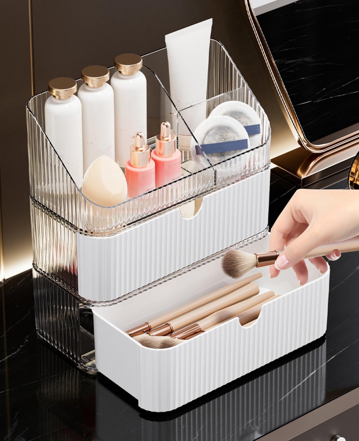 Medicine Cabinet Organizer 3 Tier, Stackable Bathroom Mirror Cabinet Storage，Small Makeup Organizers with 2 Drawer and 1 Tray for Wall Cabinet， Closet， Vanity, Countertop, Clear White