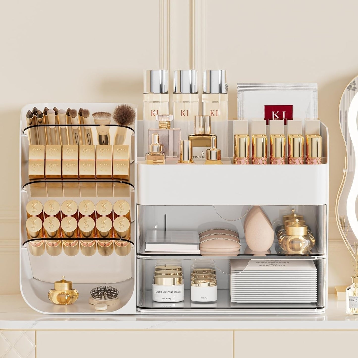 Makeup Organizer with Brush Holder for Vanity,Countertop Makeup Organizer with Drawers,Spacious Cosmetic Display Case,Perfect Storage Solution for Your Beauty Essential