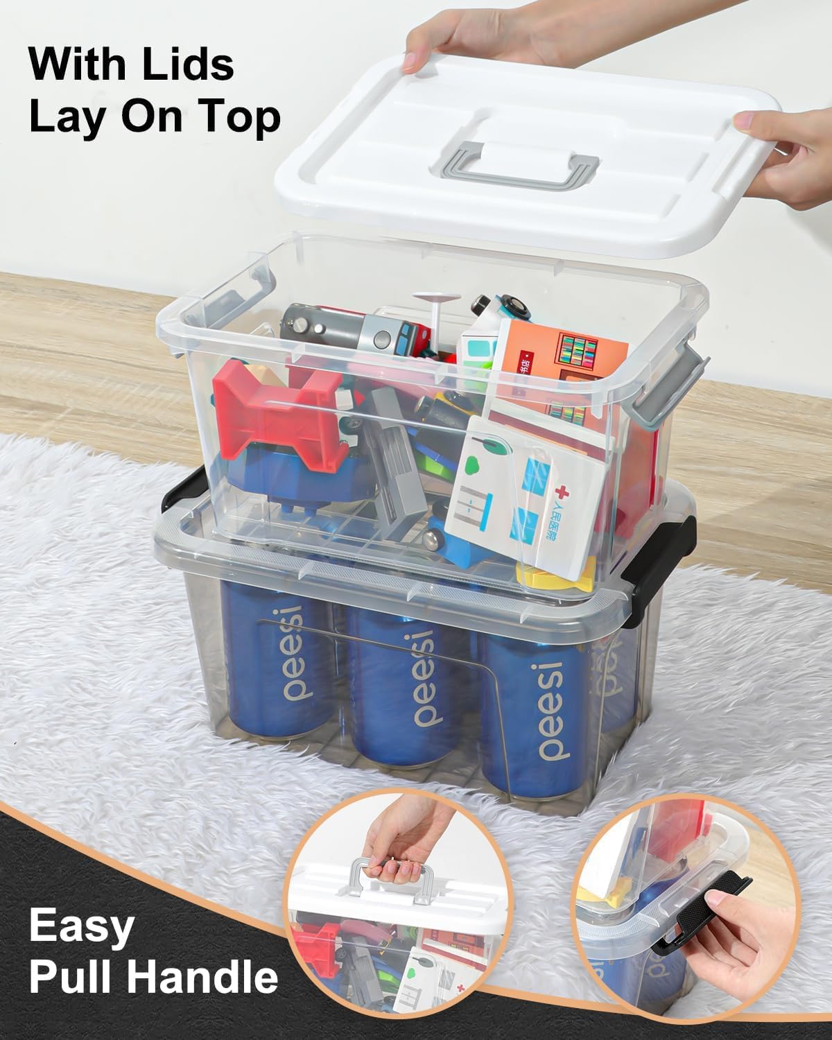 6 Pack Plastic Storage Bins with Lids 7 Quart Stackable Clear Storage Bins with Buckle Lids and Handle easy for Home Office Pantry Organization, Grey