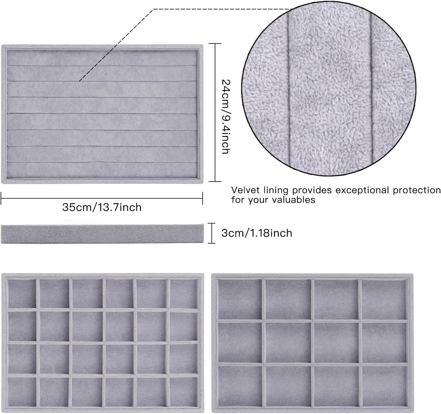 Rocutus Jewelry Trays,3 Pack Stackable Velvet Jewelry Organizer Tray Drawer Jewelry Storage Tray,Divided Ring Organizer Tray for Earrings, Necklaces, Bracelets,13.8"x9.5"x1.2" (Grey)